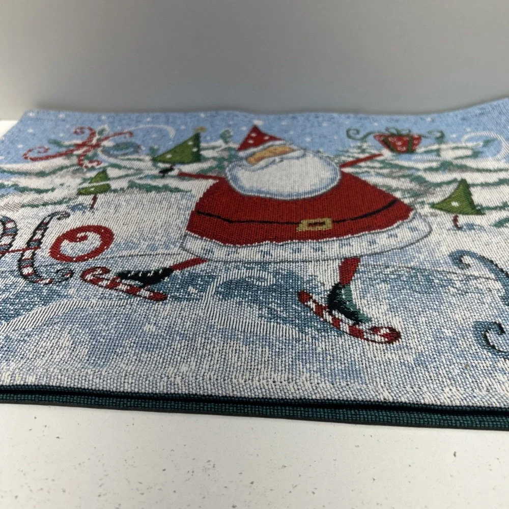 Vintage Christmas Tapestry Table Runner Santa Ice Skating Ho Ho Holiday Decor‎